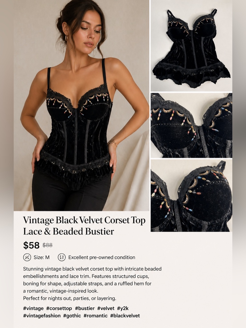 34B - Velvet/Sequin Bustier/Corset - La Vie en Rose Gothic [000443]